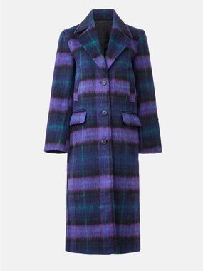 NVLT Purple Plaid Fuzzy Brushed Wool Blend Long Boyfriend City Coat